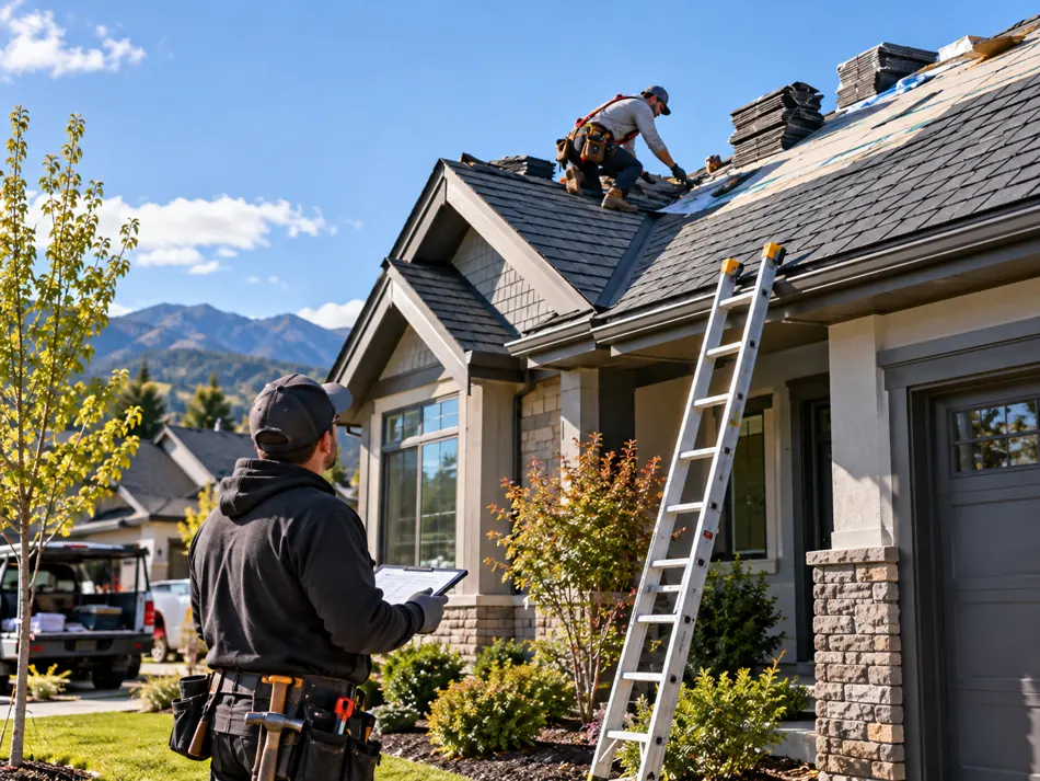 Roofing crew working on a residential roof